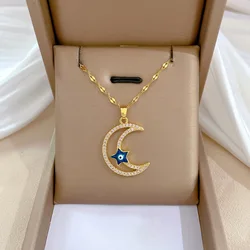 2023 Stainless Steel Crescent Moon Star Necklace Men Women Spiritual Islamic Muslim Pendant Turkish Evil Eye Religious Jewelry