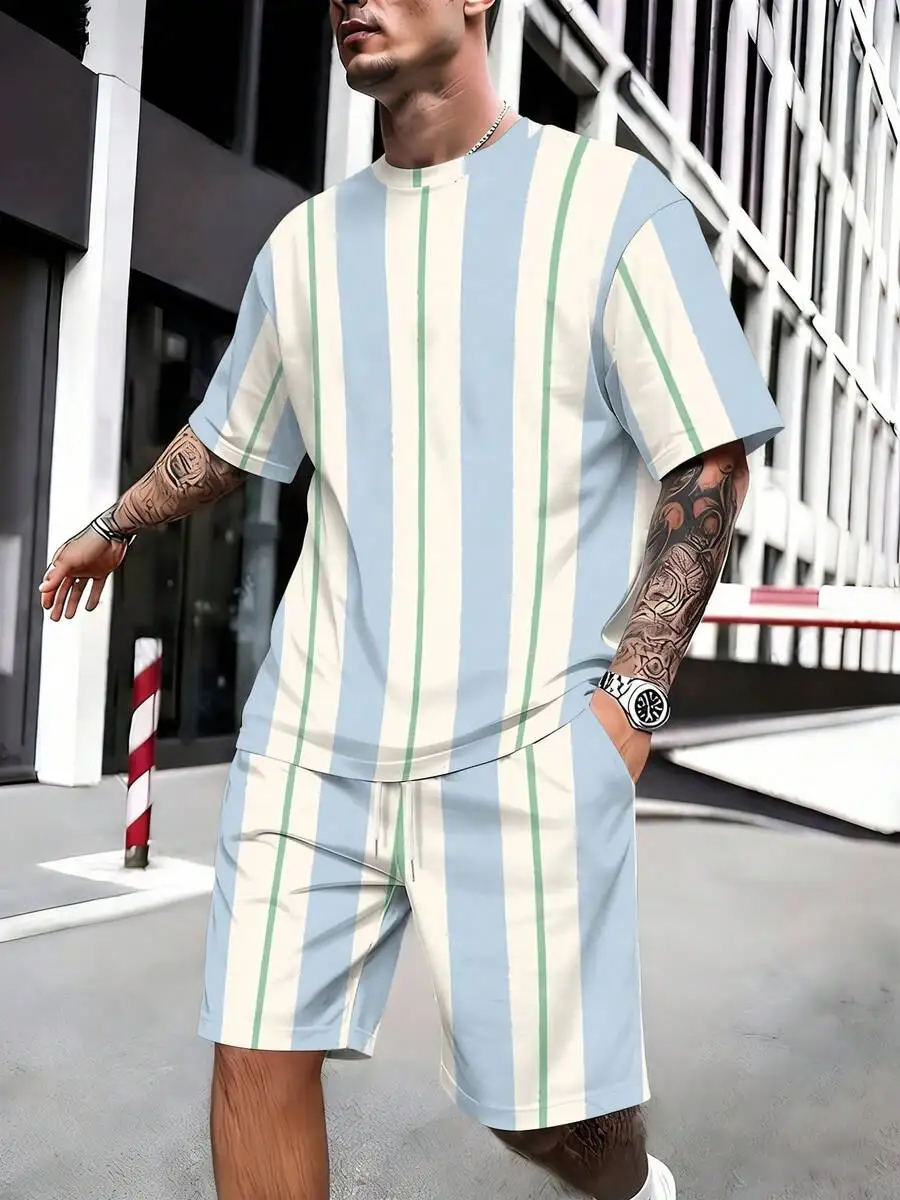 

Mens Light Blue White Green Vertical Stripe Two-Piece Set Short Sleeve Top And Shorts Woven Casual Beach Vacation Wear