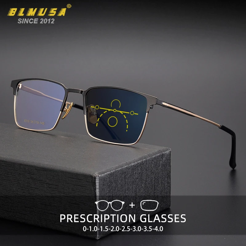 BLMUSA Men Fashion Vintage Progressive Glasses Blue Light Blocking Reading Glasses Multifocal Photochromic Customization Glasses