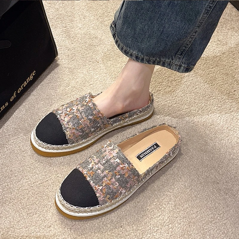 Luxury Pink Tweed Mule Loafers Woman Elegant Round Toe Espadrille Sneakers Ladies Brand Design Thick Sole Slip-on Fishman Shoes