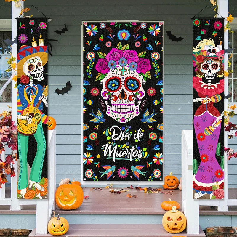 Mexican Day of the Dead Porch Sign Door Hanging Couplet Banner Dia de los Muertos Ghost Bride Groom Home Porch Sign Banner