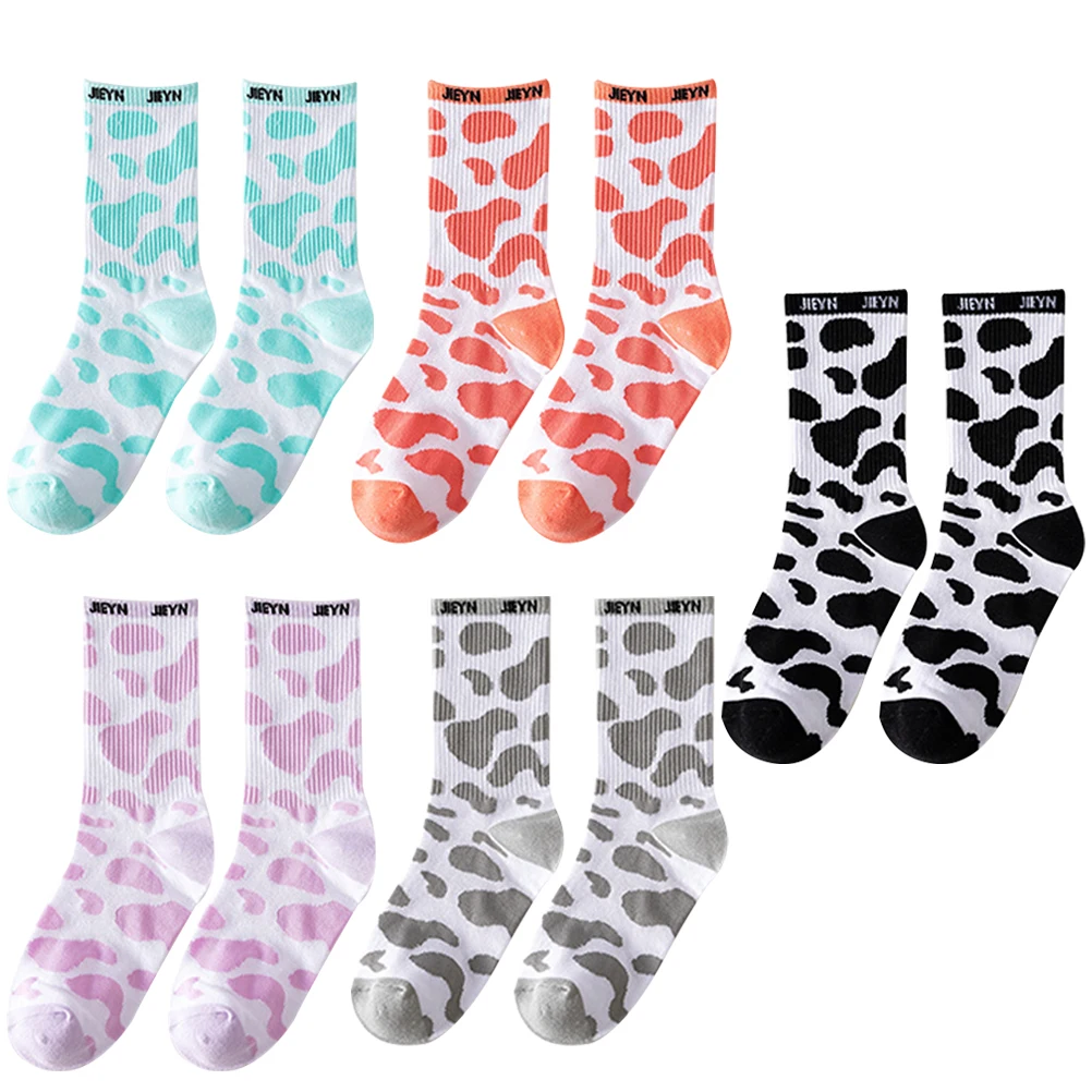 

5 Pairs Cow Print Mid calf Socks Warm Cotton Ladies Daily Fashion Plain Colors Wear resistant Soft Elastic Long lasting