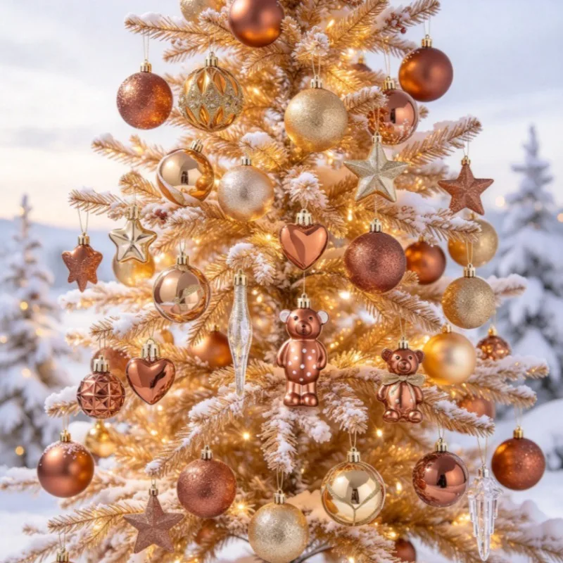 46PCS New Gold-Brown Christmas Ball Set: Bears Wands Assorted Christmas Balls Christmas Tree Decoration Set New Year's Gift