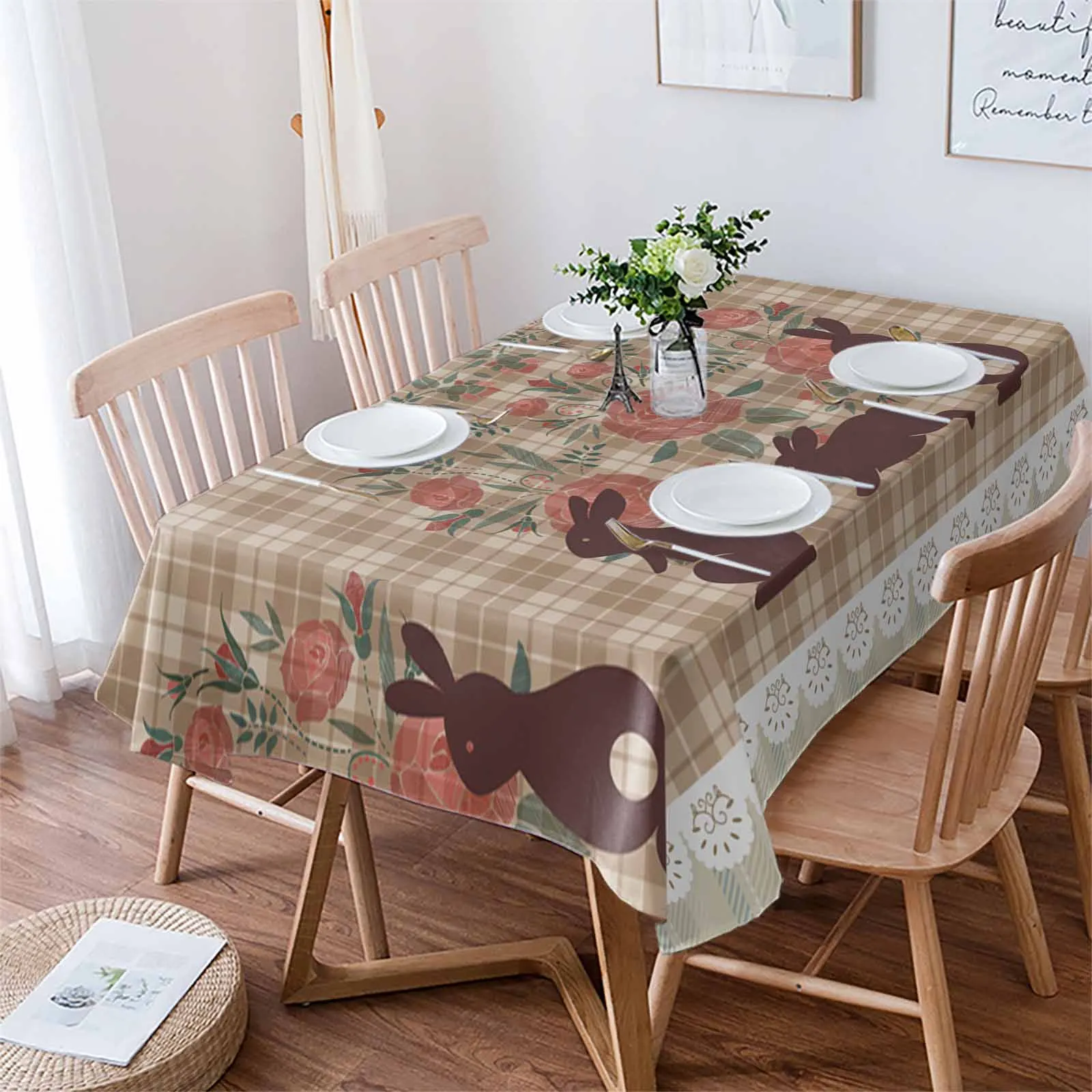 

Checkered Embroidered Flower Rabbit Spring Table Cloth Waterproof Dining Tablecloth Kitchen Decorative Party Table Cover