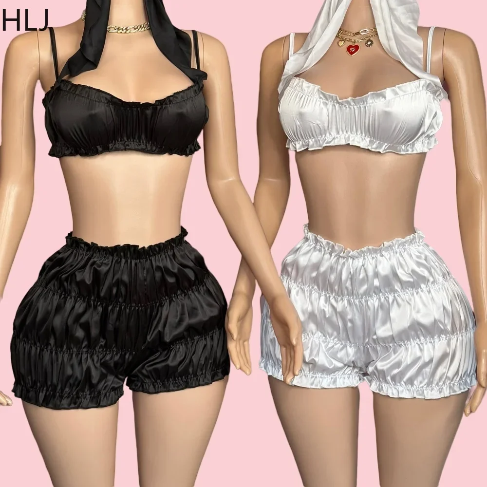 HLJ Y2K Ruched Sexy Shorts Two Piece Sets For Women Thin Strap Backless Crop Top And Stacked Shorts Outfits Fashion 2pcs Clothes