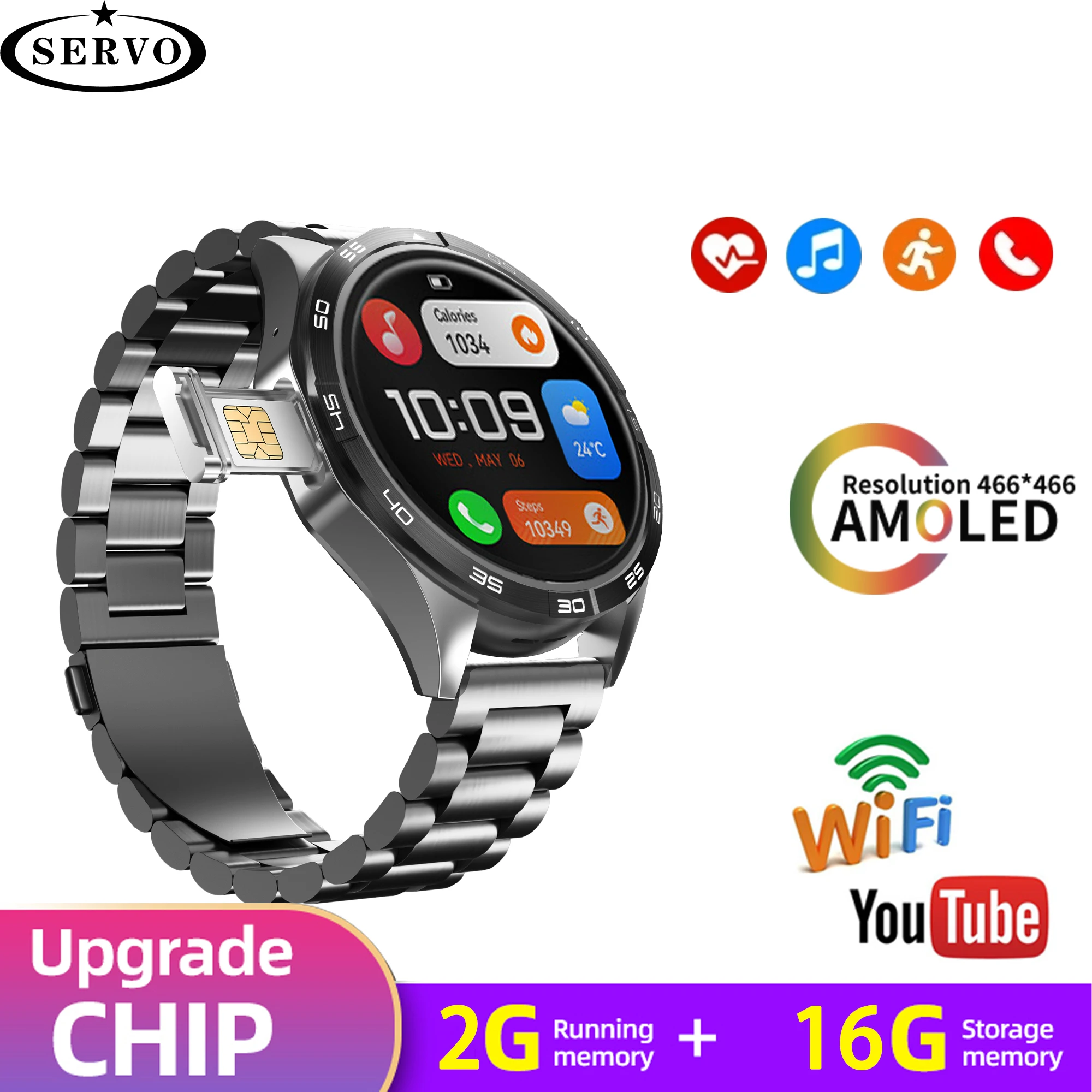 

SERVO 4G SIM Card Smart Watch 1.43'' AMOLED Men GPS Camera WIFI Google Store Wireless Internet Access For Android Smart Watch