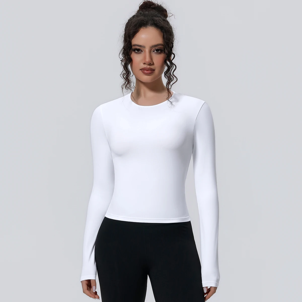 1 Stück Schlankes Casual Sommer Yoga Langarm-Oberteil für Damen, Fitness-Sport-Laufshirt mit Schnelltrocknung, Einfarbiges Trainingsshirt – Detail 5