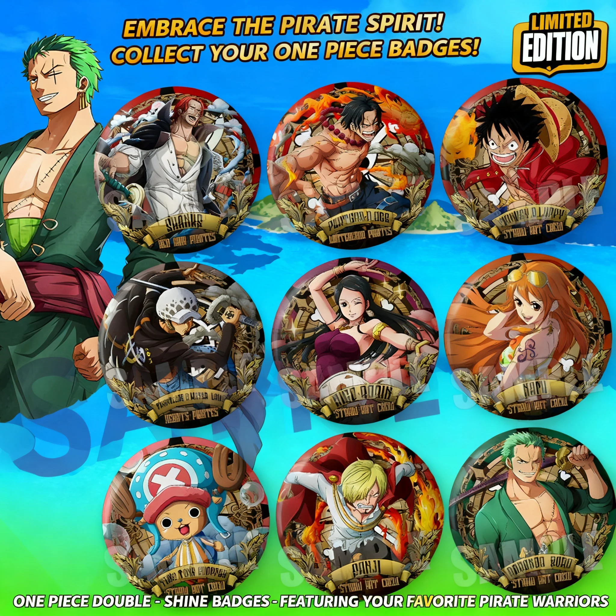 

Double Flash Large Badge Robin Luffy Nami Anime Merchandise One Piece Pin Badge Collection Otaku Goods Fan Accessories