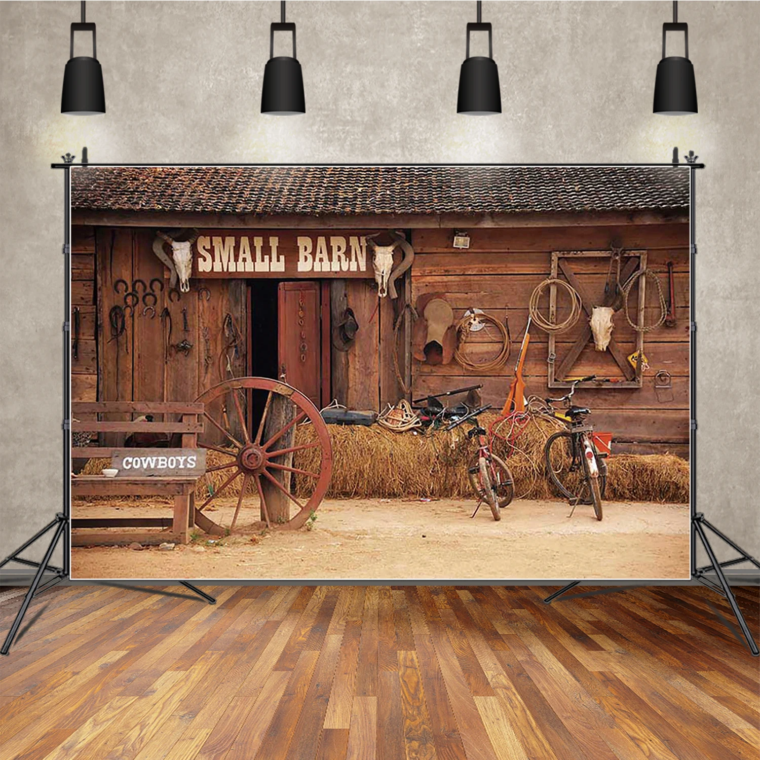 MOON.QG 秋の装飾 素朴なカウボーイの背景 乾草の山 丸太小屋 納屋 写真背景 子供の誕生日 壁 フォトブース パーティー