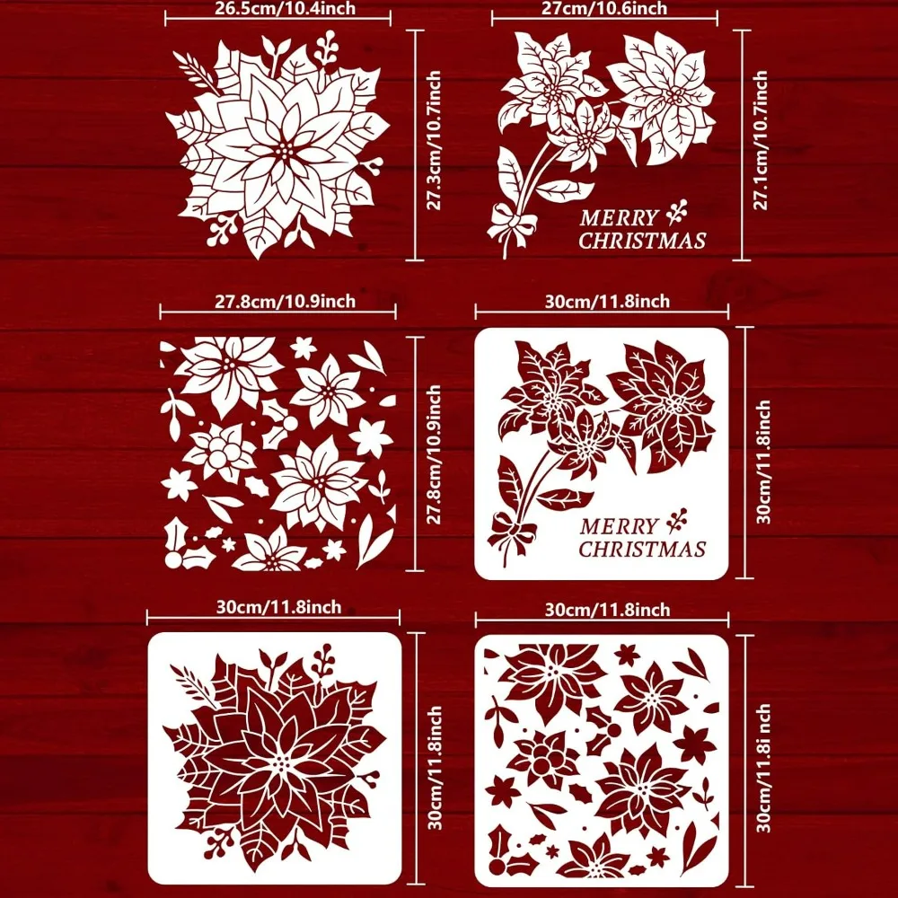 3 PCS Poinsettia Stencil 11.8x11.8inch for Painting - Merry Christmas Reusable Holly Drawing Template - Plastic Hollow Out for