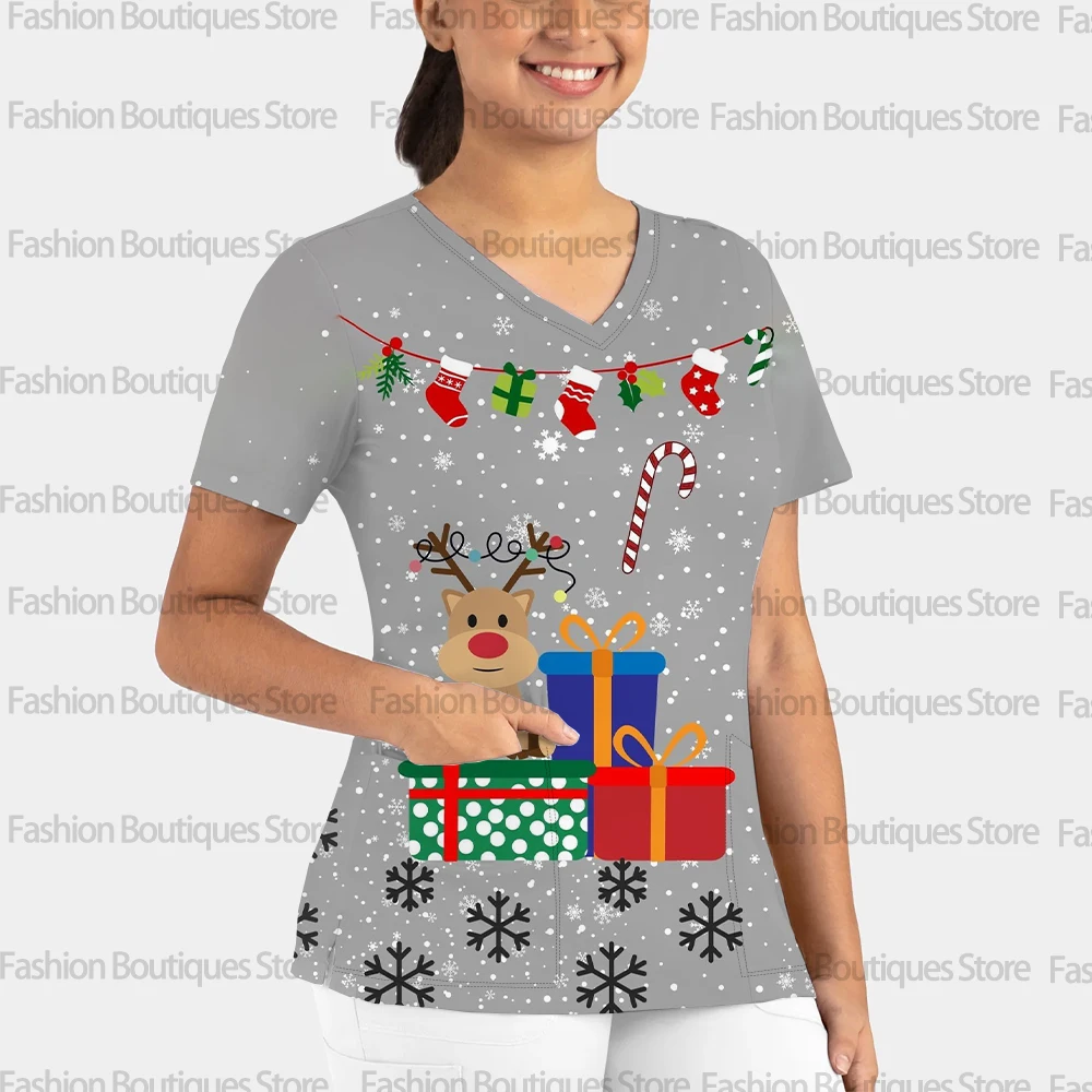 ثوب جراحي جديد بجيب على شكل حرف V للنساء، زي بأكمام قصيرة، زي طبي غير رسمي، عصري، طباعة أميرة عيد الميلاد.