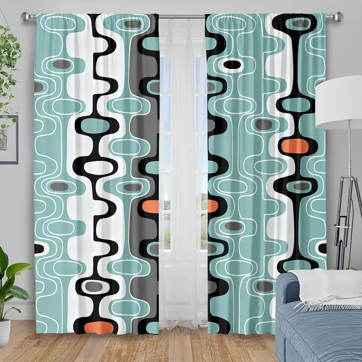 Retro Wavy Oval Line Window Curtains 2 Panels, Mid Century Geometric Teal Orange Black Minimalist Art Print Studio Room Curtain