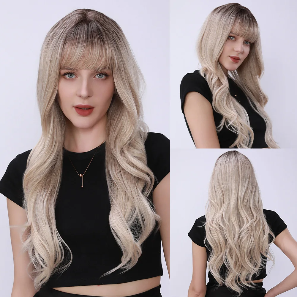 

Wig Full Head Hairstyle Women's Qi Bangs Long Curly Hair Big Wave Gray Gold Wig Chemical Fiber High Temperature Resistant Wig
