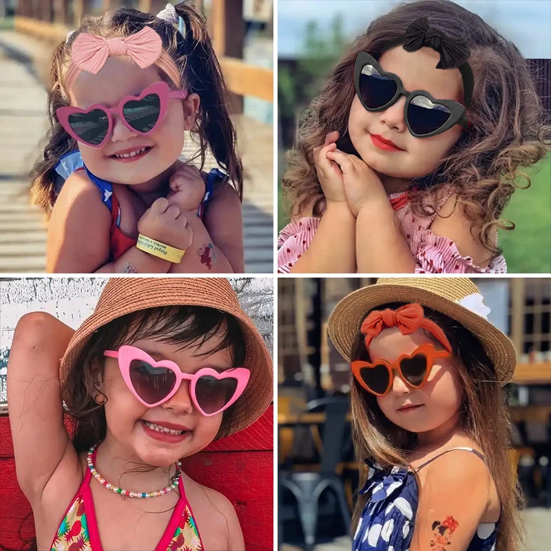 2 Pcs/Set New Children Cute Colors Soft Bowknot Wide Hairbands Fashion Special Heart Sunglasses UV400 Set Kids Hair Accessories