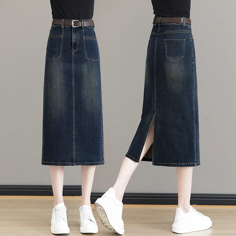 

Korean Style Denim Skirt Retro High Waist A-Line Skirts Summer New Retro Washed Denim Slit Design Female Long Skirt Streetwear