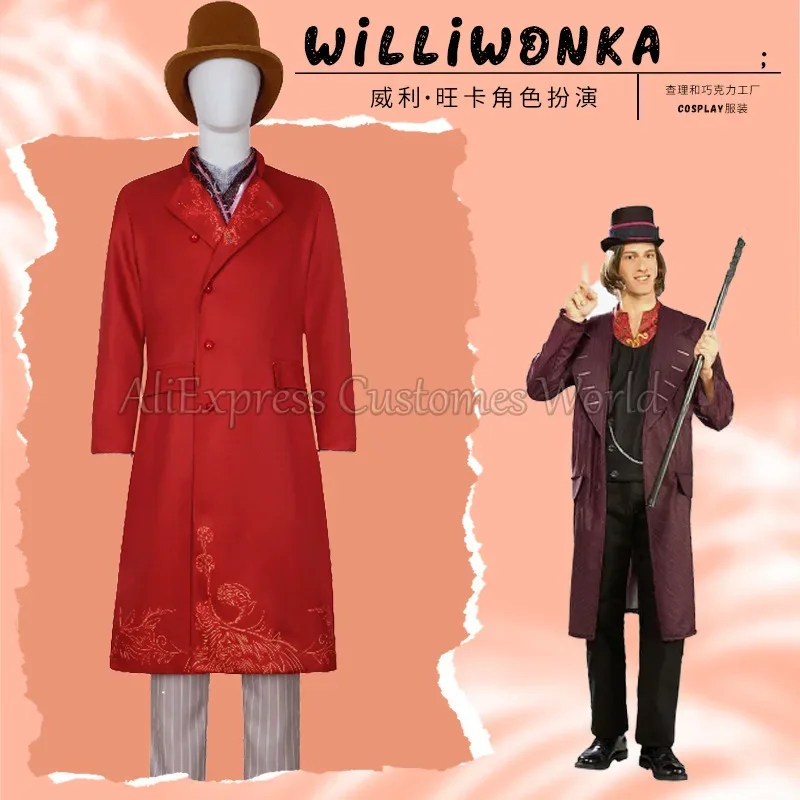 Anime Chalamet Wonca Cos Willy Cosplay Costume Movie Chocolate Wonk Role Factory Willy Red Coat Suit Outfits Men Fancy Halloween