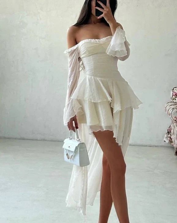 إحساس التصميم المزاجي، فستان تنحيف غير منتظم بكتف واحد بدون حمالات، فستان صيفي أنيق بلون سادة وأكمام طويلة #3