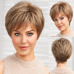 Short Blonde Brown Wigs for Women Memory Fiber Simulated Human Hair Pixie Curly Wig With Bang Natural Daily Use Hair Color JR14#