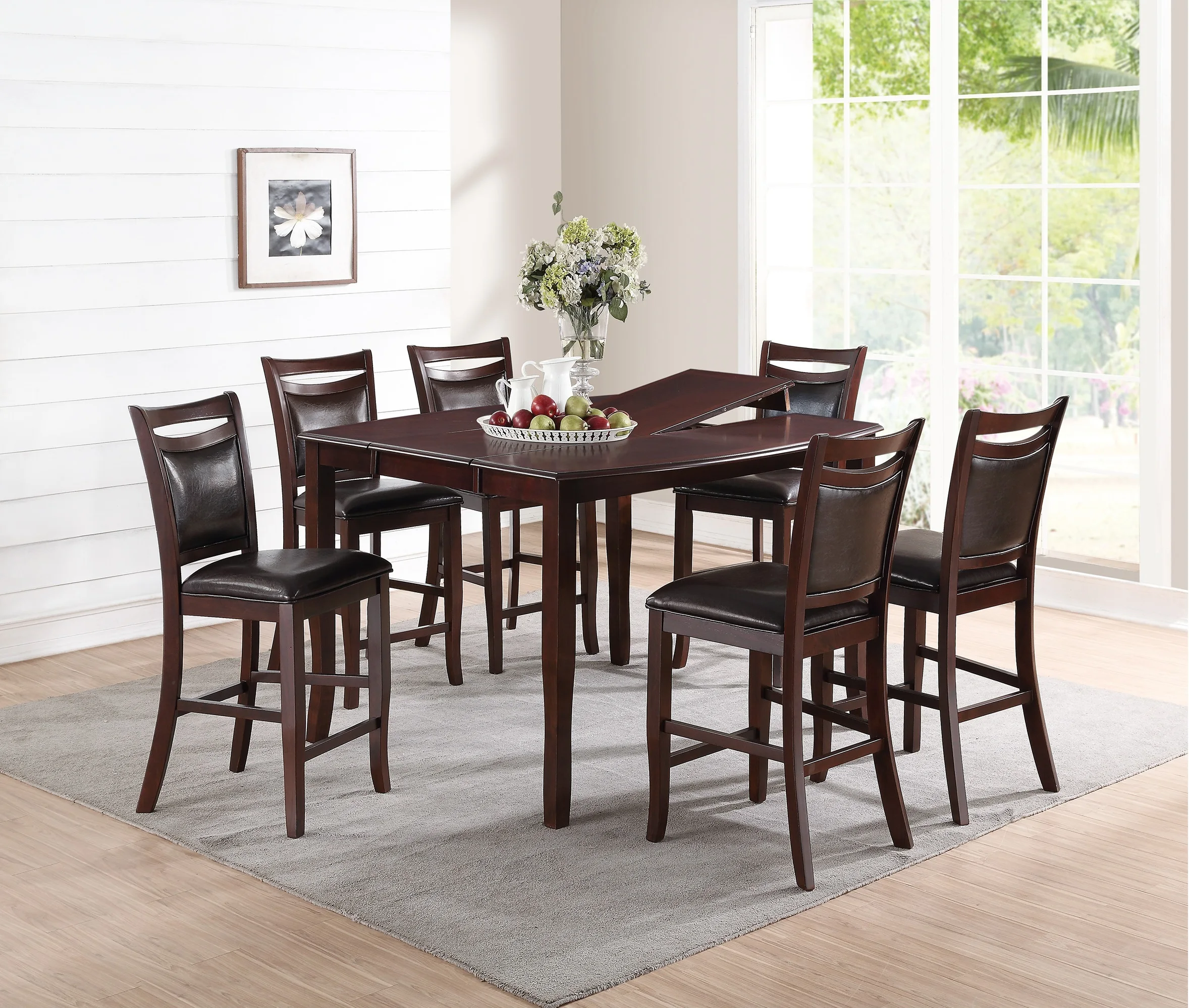 

Dining Room Furniture Dark Brown Counter Height Dining Table w Butterfly Leaf 6x High Chairs Wooden Top 7pc Set Table Contempora