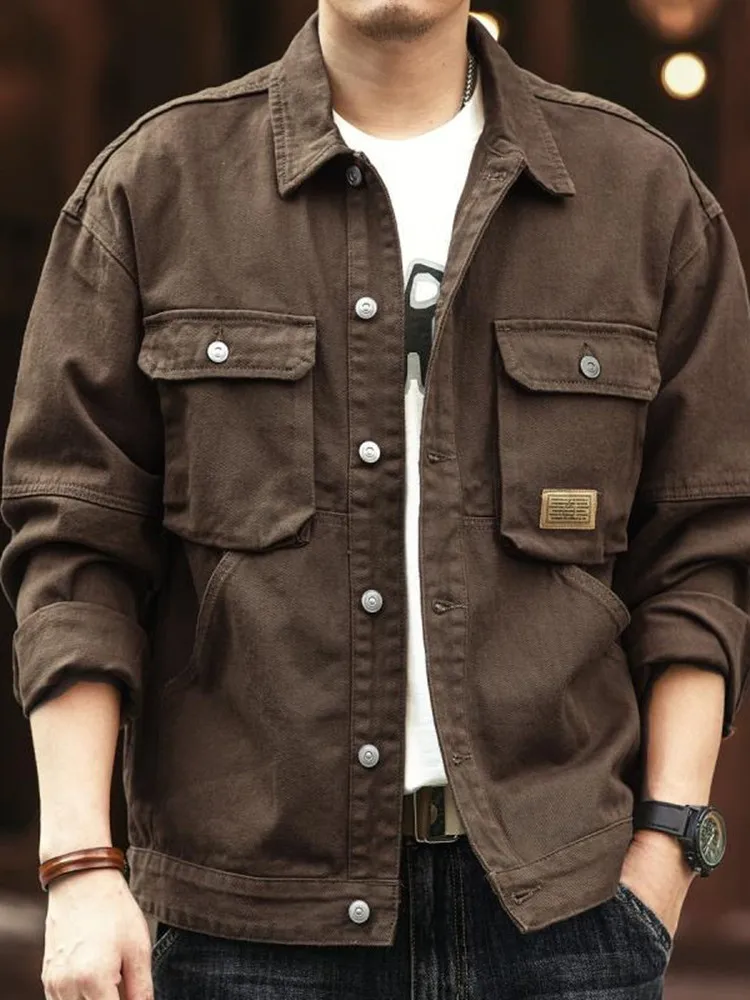 2024 Spring and Autumn New Fashion Solid Color Retro Cargo Jacket Men\'s Casual Loose Comfortable Large Size Cotton Denim Coat