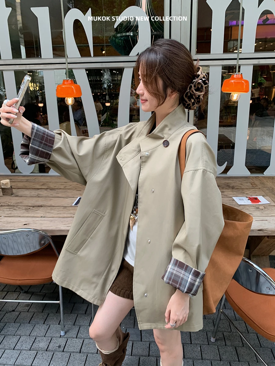 

MUKOK Notting Hill Classic Color Blo Oversized Coat Ele Briti Sle Long Sve Cotton Women's Commute Windbreaker