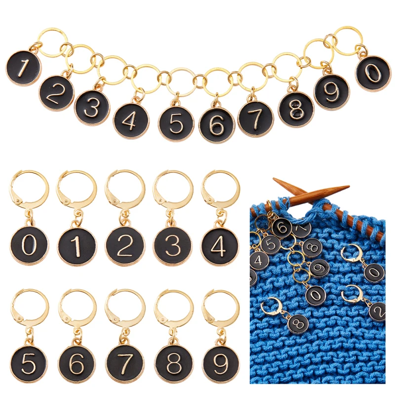 1 Pcs 0-9 Number Knitting Row Counter Chains and 10 Pcs Stitch Markers Alloy Enamel Stitch Marker for Knitting Weaving Sewing
