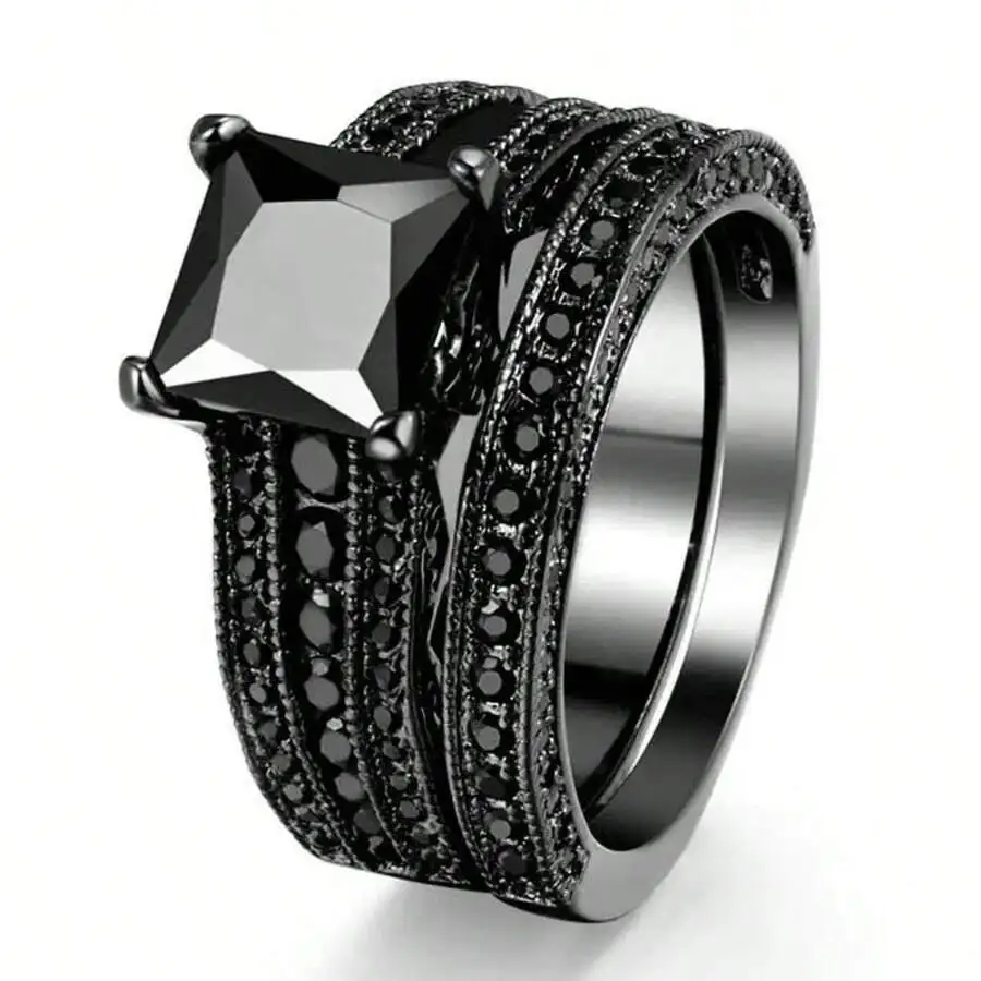 

Black Cubic Zirconia Square Stone Pave Set Ring For Women