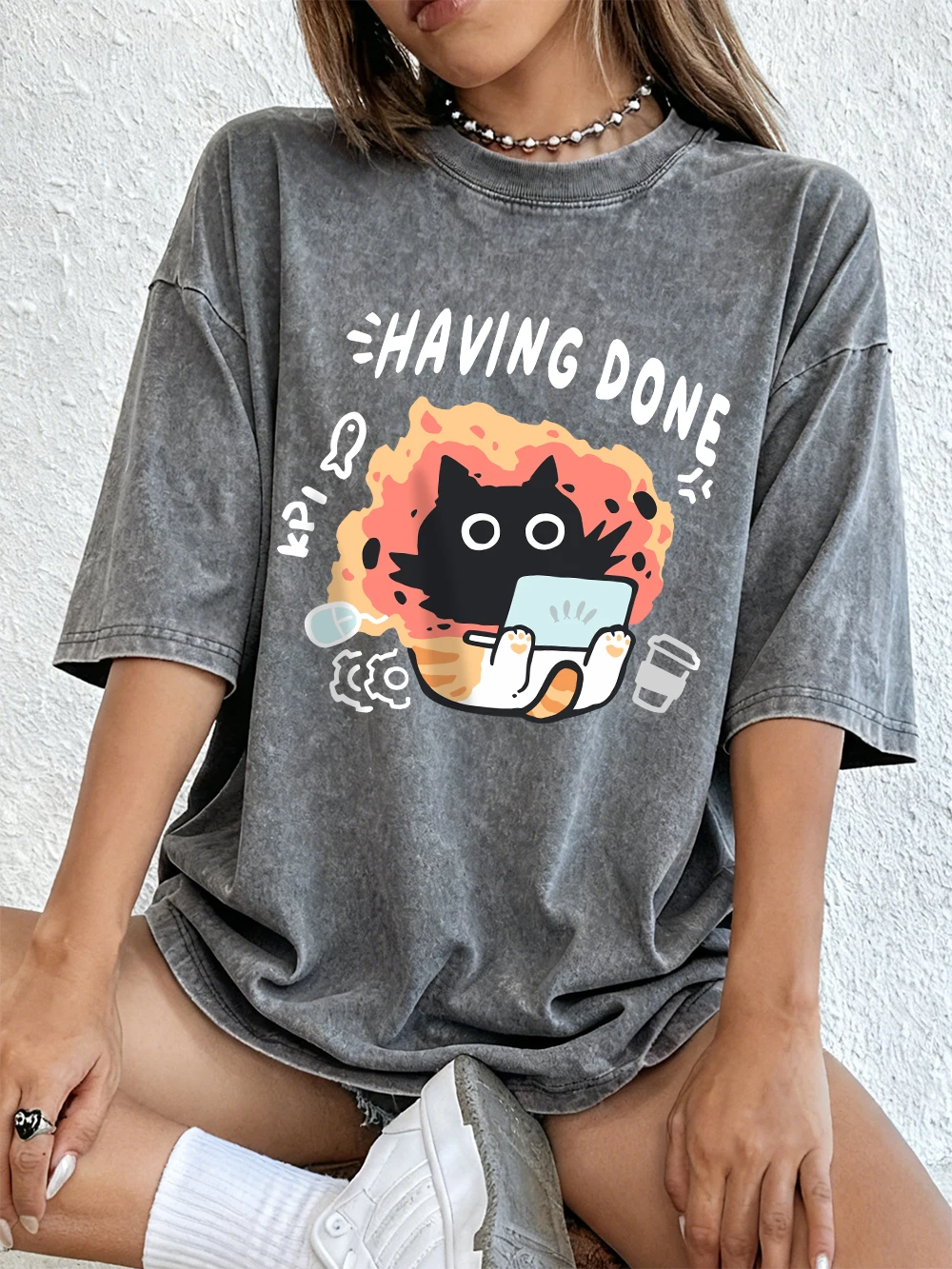 

Having Done Kpi Cat Printed Washed T-Shirts Womens Cotton Oversize T Shirt Casual Street Short Sleeve Tops Summer O-Neck Clothes
