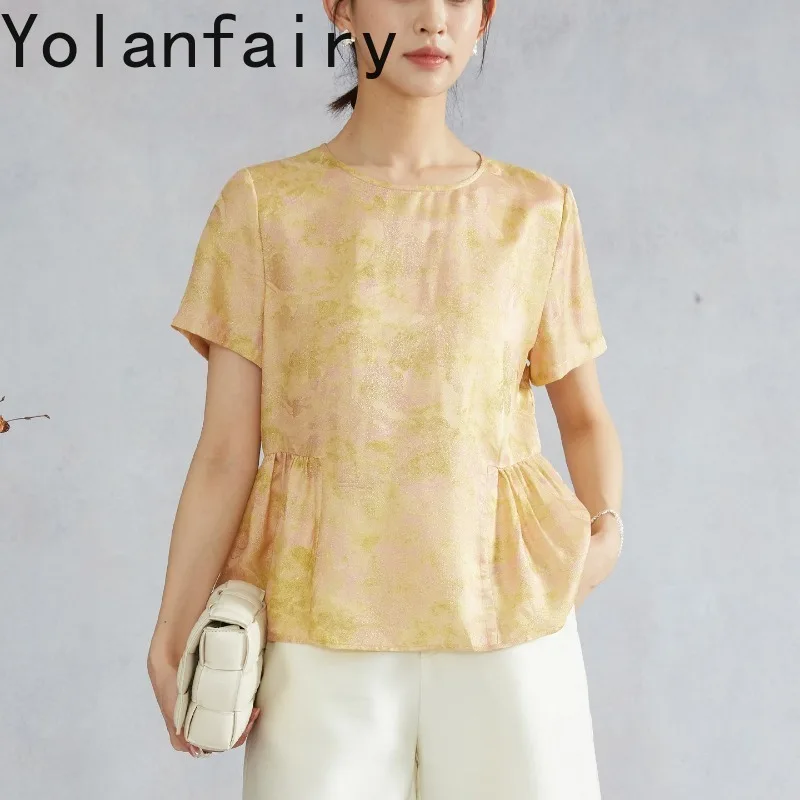 YOLANFAIRY Summer T Shirts Woman 100% Mulberry Silk Gold Thread Jacquard Tee Shirt Femme Short Sleeve Tee Ruffled Hem Blouse Top
