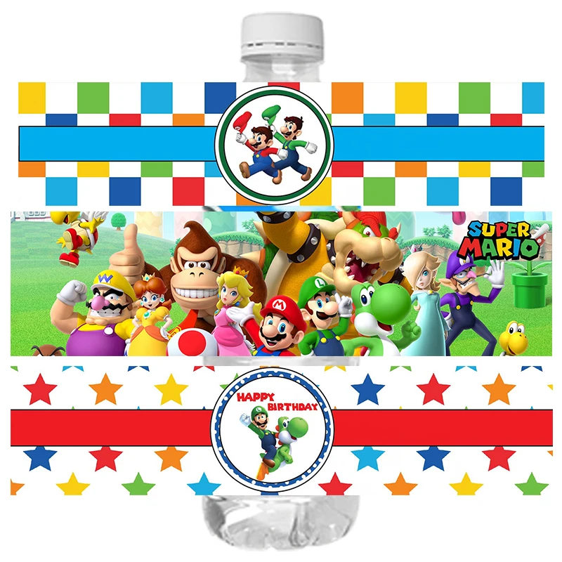 Pegatinas de Super Mario para botella de agua, juego de dibujos animados de 24 piezas, decoración para fiesta de cumpleaños de niño y niña,