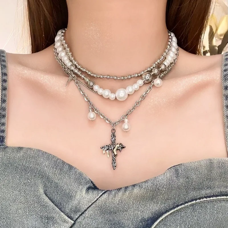 New Gothic style multi-layer pearl cross pendant necklace for women, a niche personalized fashion style, a reward for yourself.