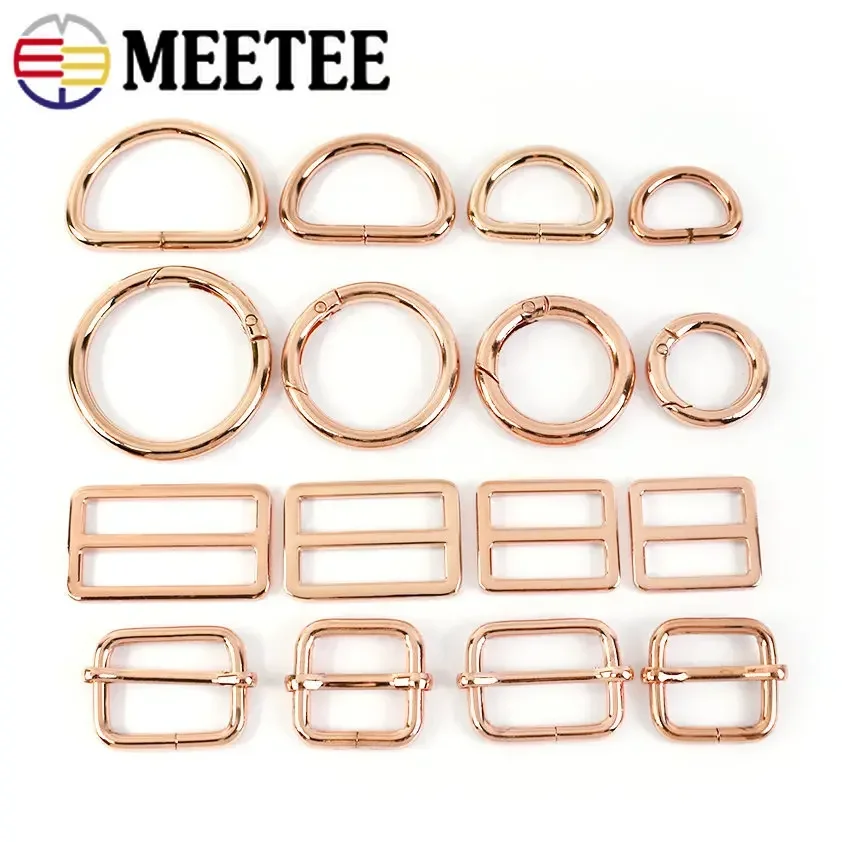 10Pcs RoseGold Bag Buckles Metal O D Ring Clip Clasp Tri Glide Slider Hook Backpack Belt Strap DIY Hardware Sewing Accessories