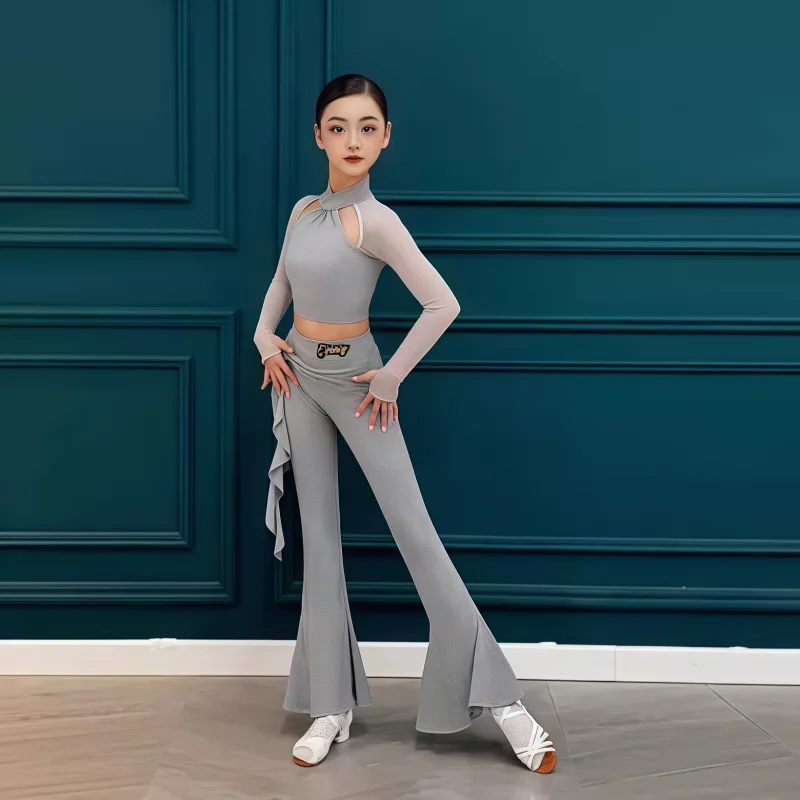 

customized women's adult girl Latin exercise costume mesh split top wide leg pants professional national standard modern suit