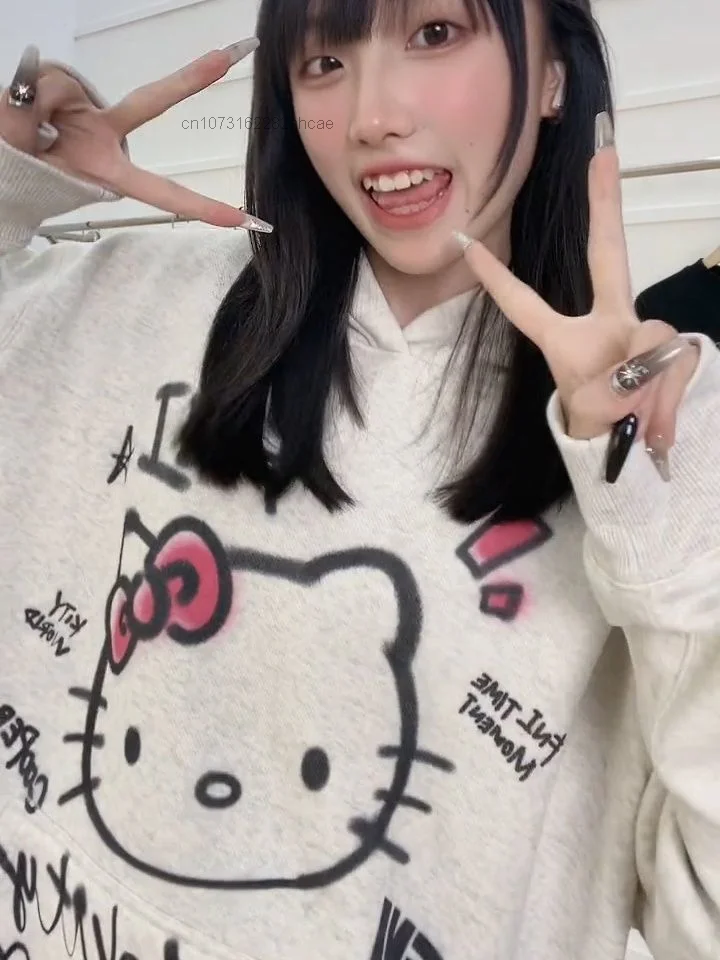 Sanrio Hello Kitty Hooded Sweater Autumn And Winter Harajuku Chic White Top Grunge Outerwear Y 2k Hip Hop Korean Style Hoodie