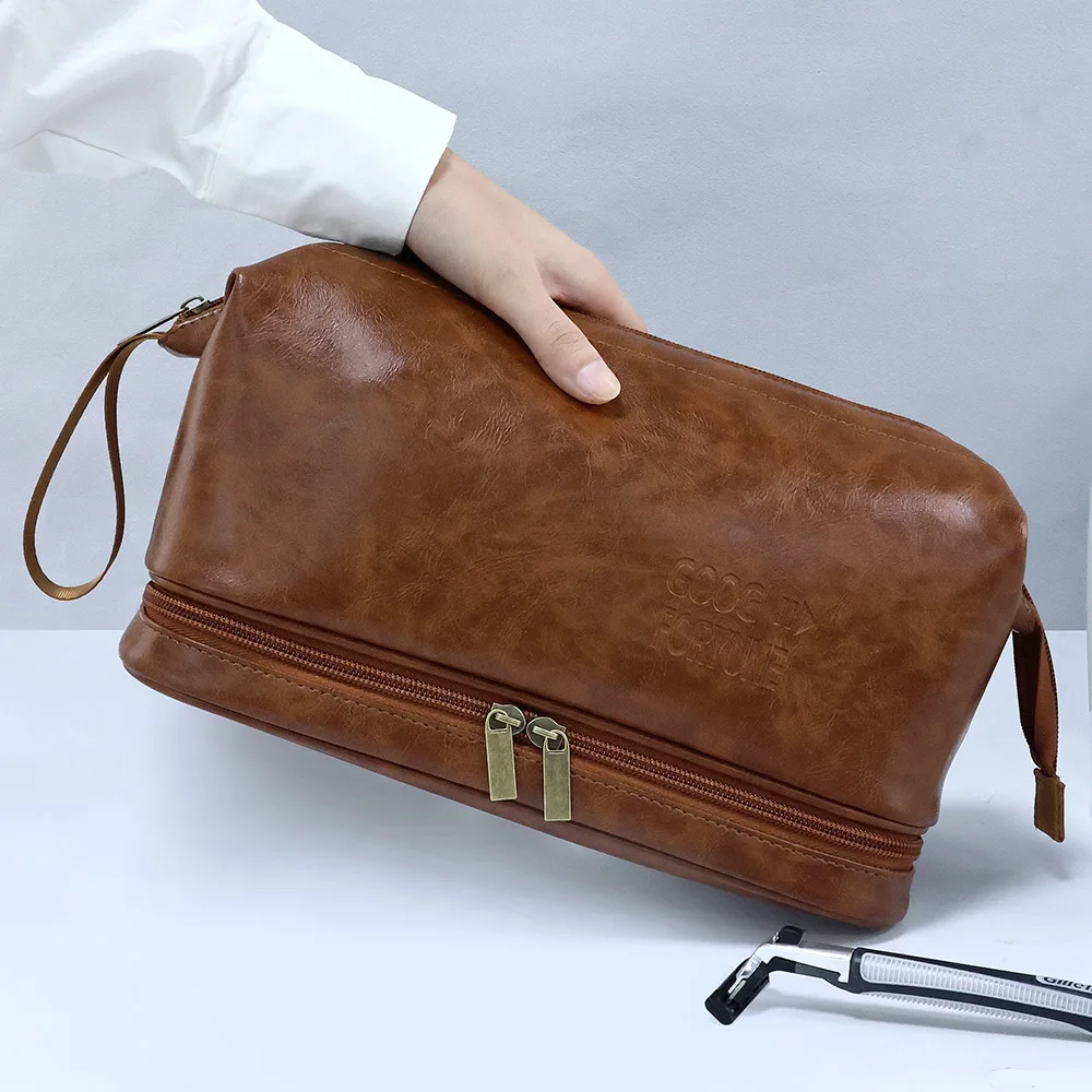 Men Business Travel Wash Toiletry Bag Waterproof PU Leather Bathroom Shaving Tools Organizer Bag Makeup Pouch Women Cosmetic Bag