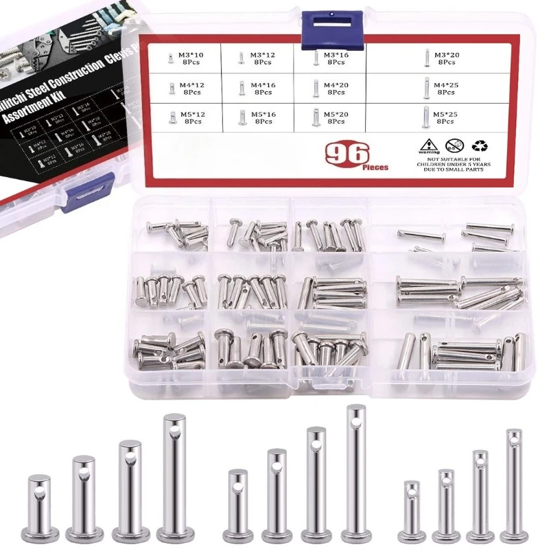 96pcs 304 Stainless Steel Metric Hole Clevis Pins Assortment Kit Link Hinge Pin Flat Head Cylindrical Pin M3 M4 M5 Assorted Set