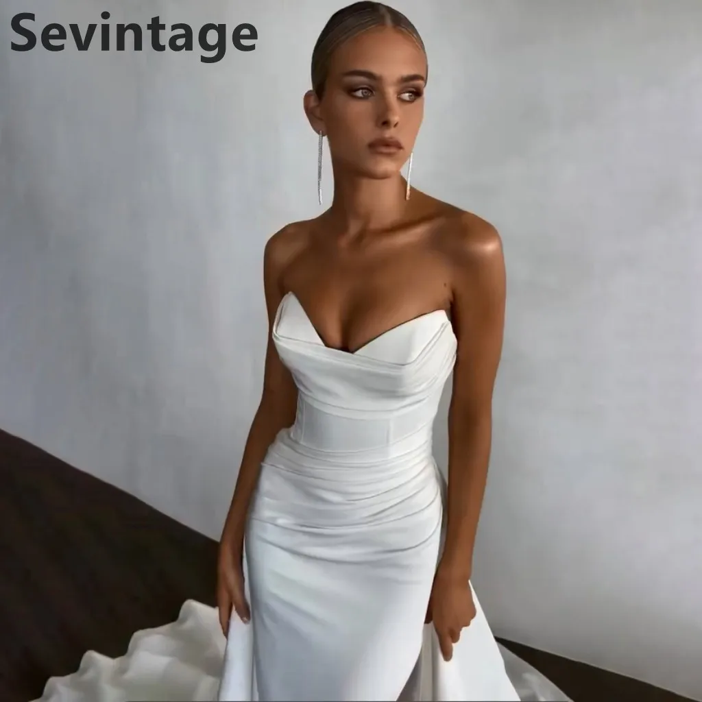 

Sevintage 2025 Elegant Mermaid Sweetheart Satin Off Shoulder Side Slit Romovable Train Wedding Dress Customized Bridal Gowns