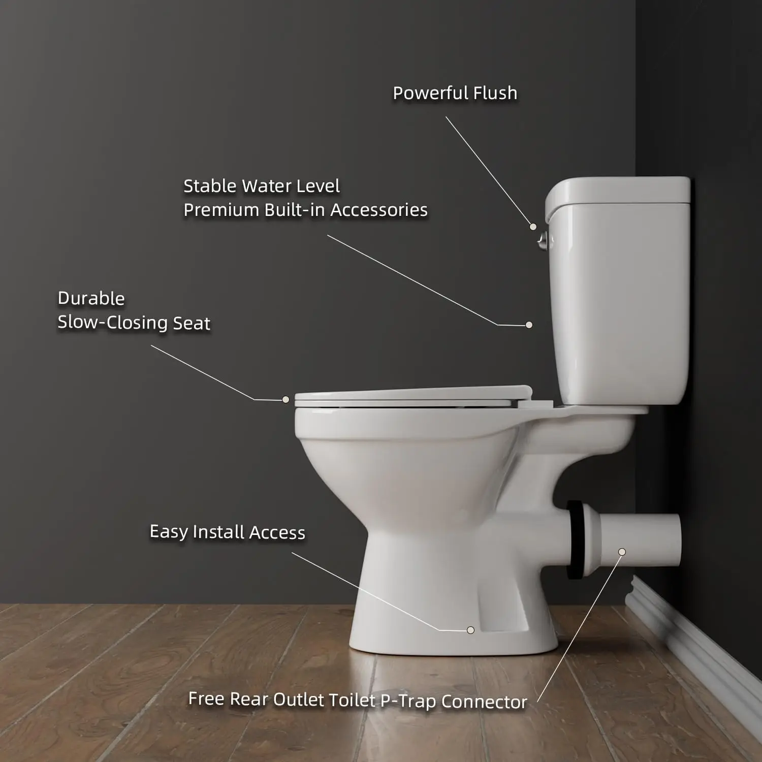 Rear Outlet Toilet with Tank Powerful Flush & Space-Saving Design with Rear Discharge Includes Extra Extension Pipe for Easy