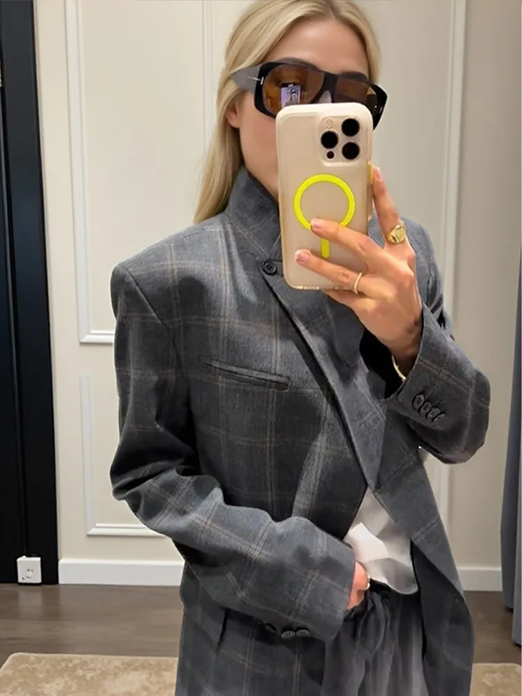 Irregular Women Plaid Blazer Jacket Stand Collar Full Sleeve Split Loose Short Jackets 2025 Lady Fashion Daily Commute Outwear