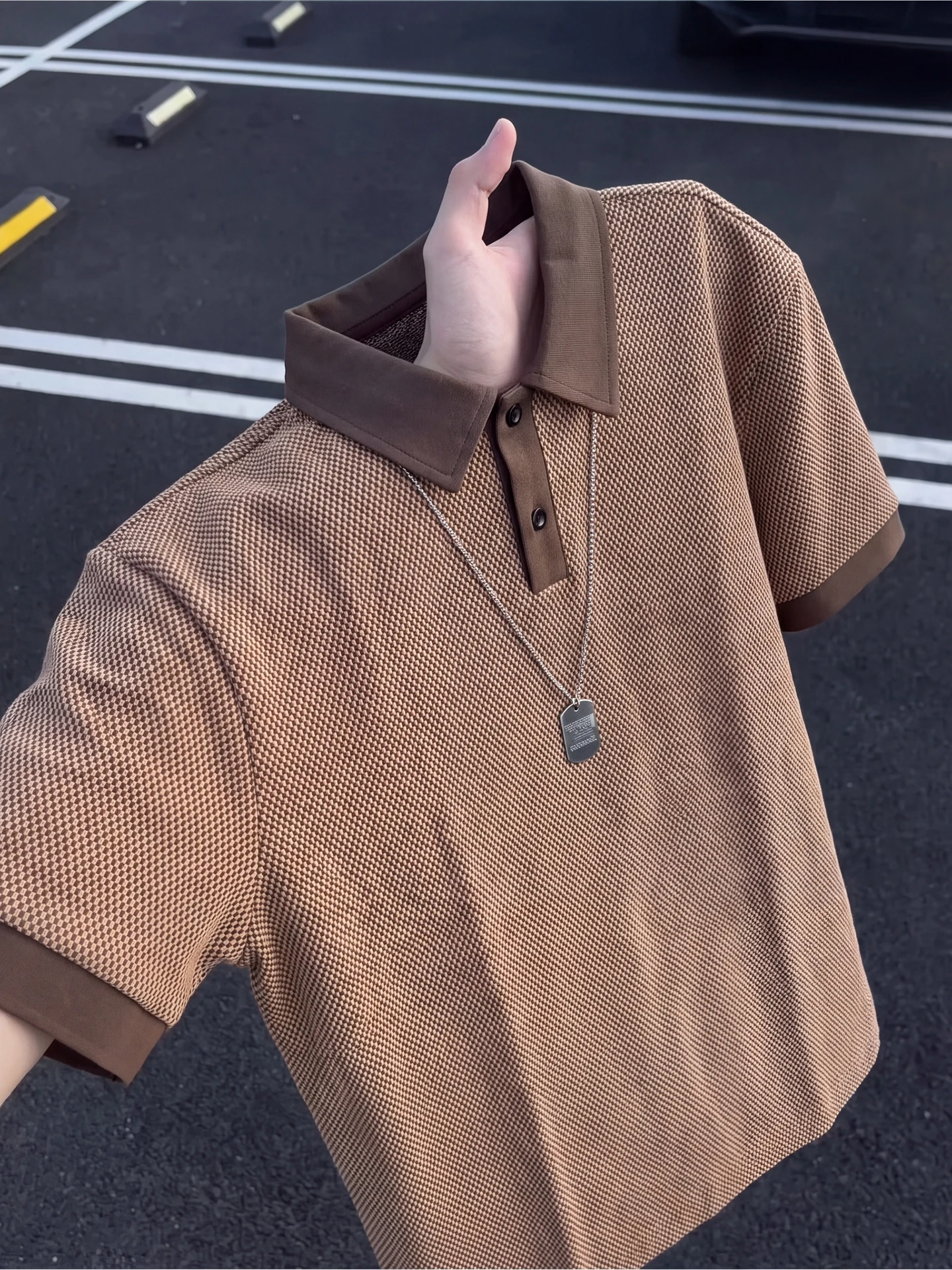 White Dragon Scale Texture Breathable Short Sleeve  Shirt Men's Summer Mesh Shoulder Flip Collar Half Sleeve T-shirt