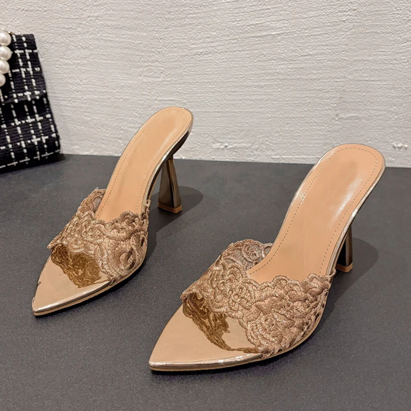 Liyke High Quality Handwork Embroidery Hemp Women Slippers Sandals Sexy Pointed Toe Gold Heels Mules Summer Party Slides Shoes image 2