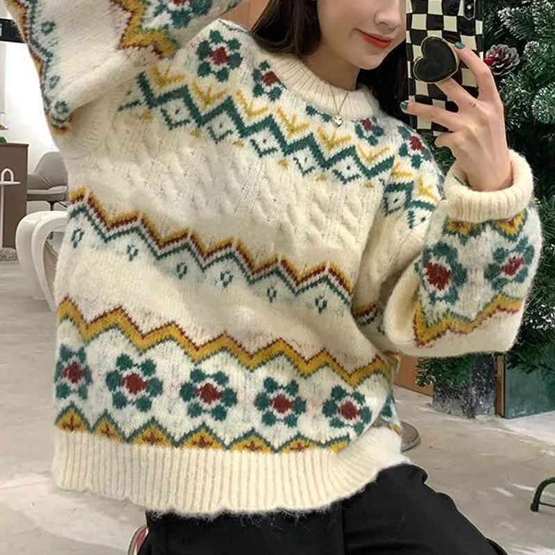 

Vintage Floral Geometric Sweaters Autumn Winter Loose Casual Women's Clothing Long Sleeve Basic Fashion O-Neck Knitted Jumpers