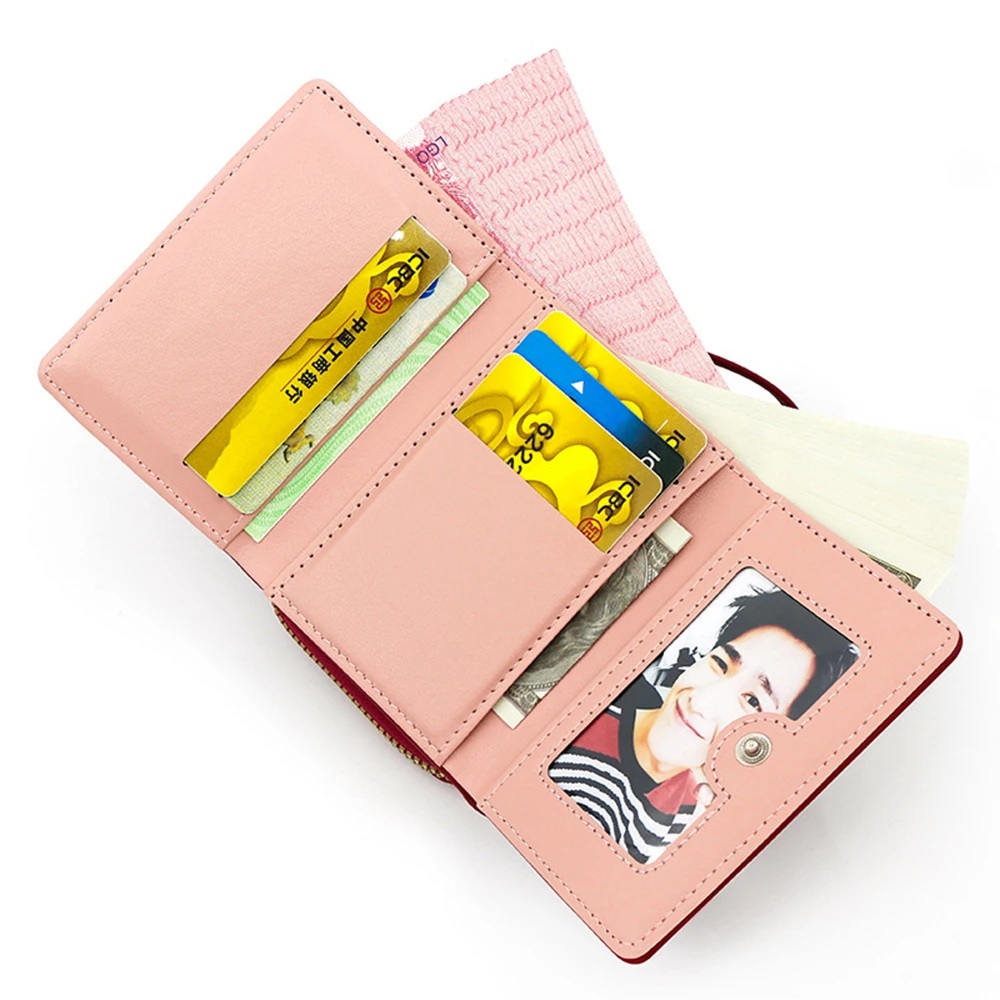 Triple Fold Multi-pockets Love Heart Embroidered Short Wallet Coin Purse With Wrist Strap Women Coin Bag Key Headphone Pouch Bag