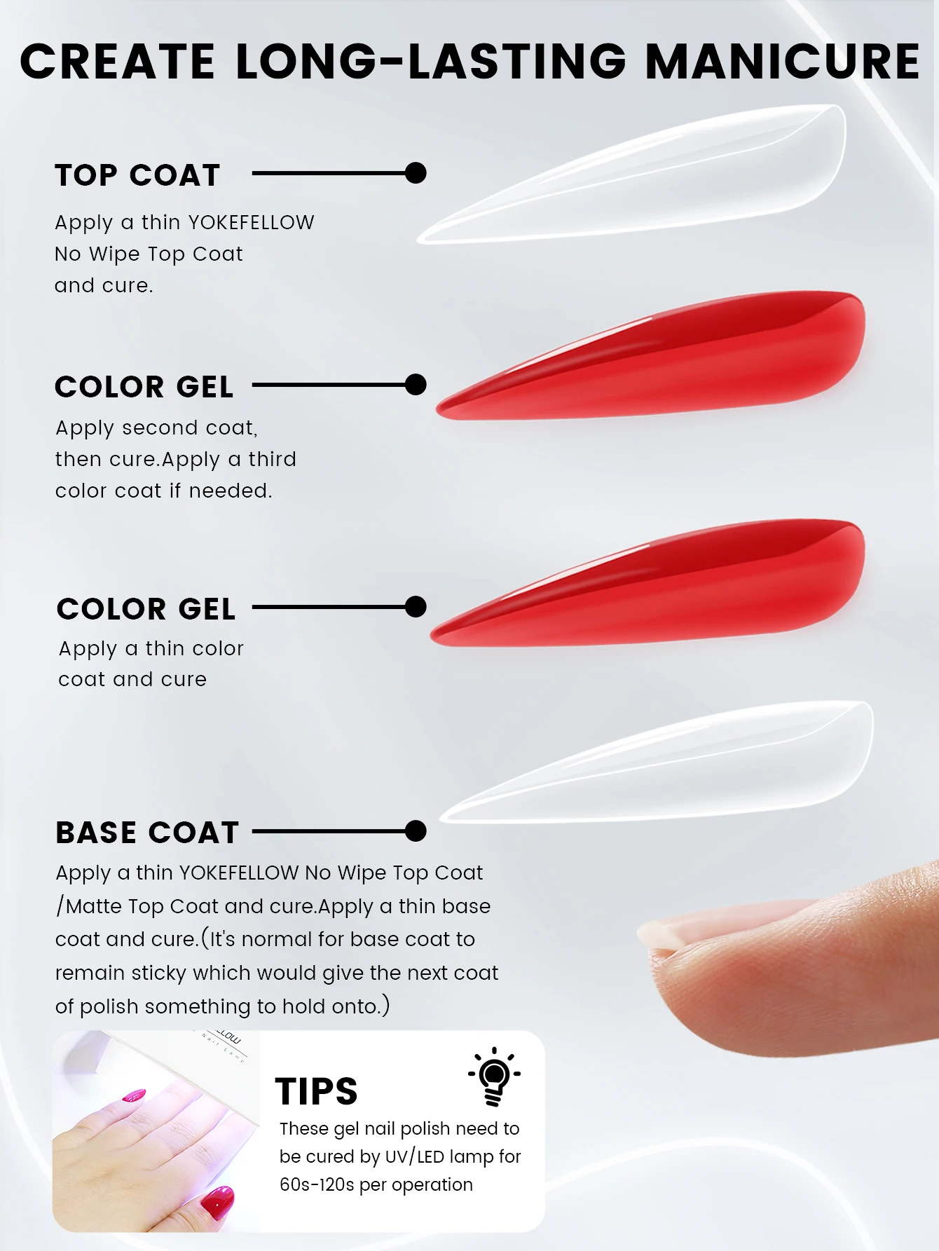 YOKEFELLOW 18ML Gel Nail Polish Base Coat No Wipe Top Coat HEMA TPO Free Soak Off UV LED Nail Varnish Long Lasting Function Gel