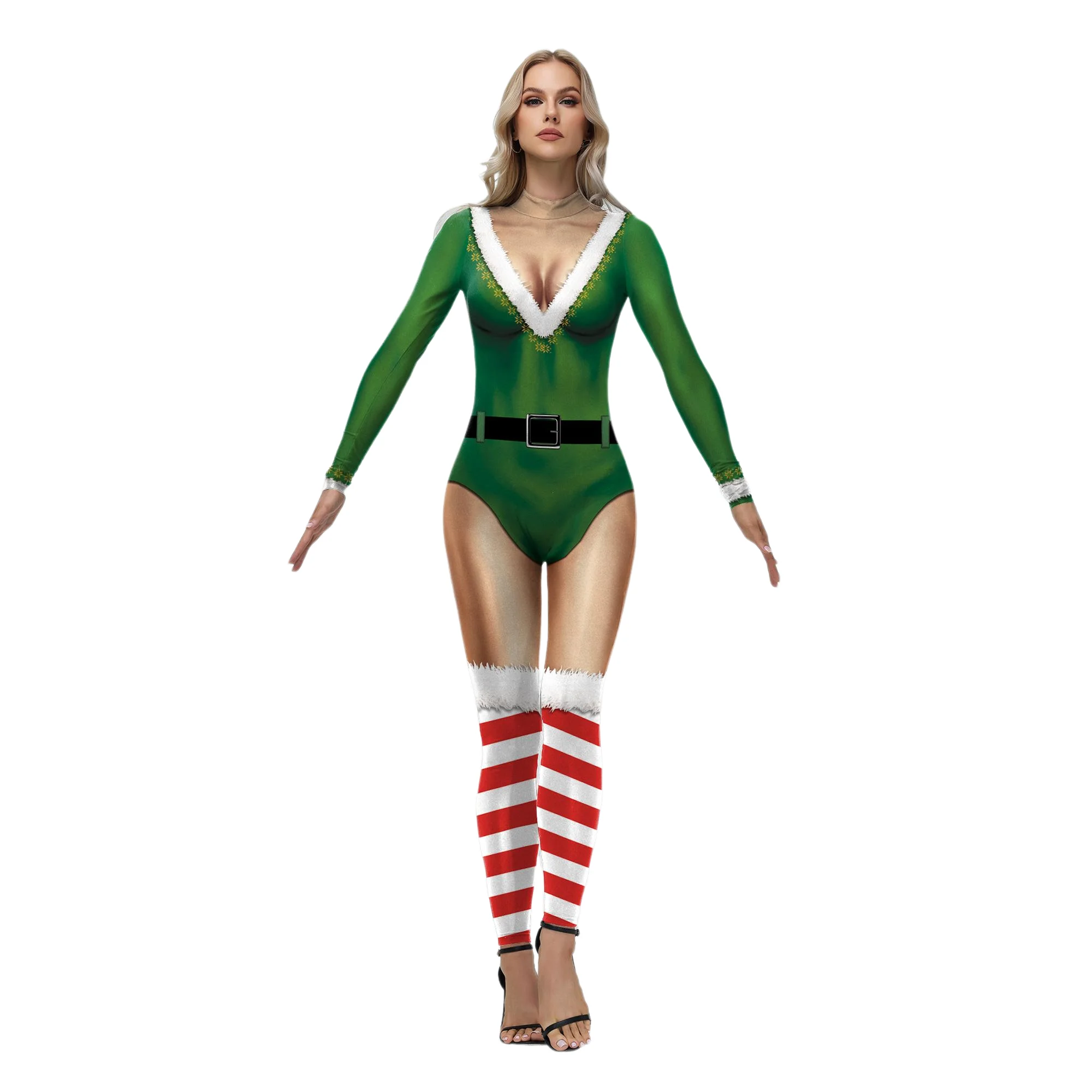 

Adult Women Disguise Santa Claus Elf Costume Christmas Sexy Print Jumpsuit Holiday Party Zentai Bodysuit Clothes Xmas Gift