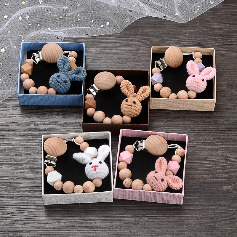 Gift Boxed Baby Beech Wood Pacifier Clips Handmade Crochet Cartoon Rabbit Nipple Chain DIY Infant Anti-Drop Dummy Holder Chain