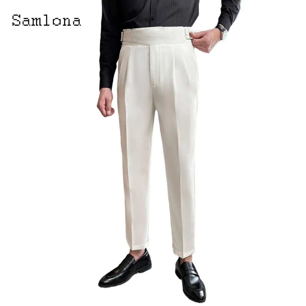 Men Elegant Buckle Up Suits Pants Solid White Ankle-Length Trouser Plus Size Mens Stand Pocket Suit Formal Party Wedding Pants