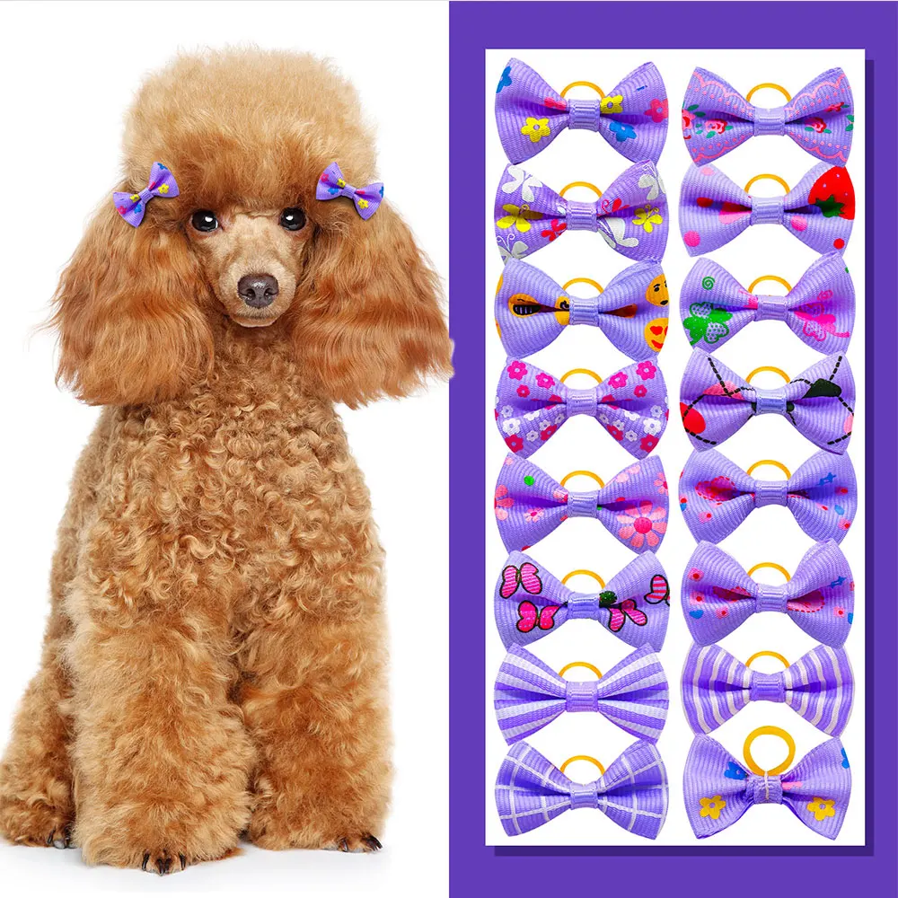 80PCS Dog Bow Hair Headwear Purple Series Bow Rubber Band Handmade Hair Bows For Dogs and Cats Pet Grooming Accessories