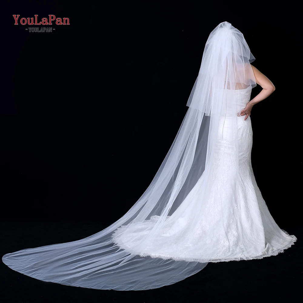 YouLaPan V27 Romantic Wedding Veil 4 Tier Minimalist Bride Veils with Blusher long Bridal Veil for the Bride Khimar 3 Voile