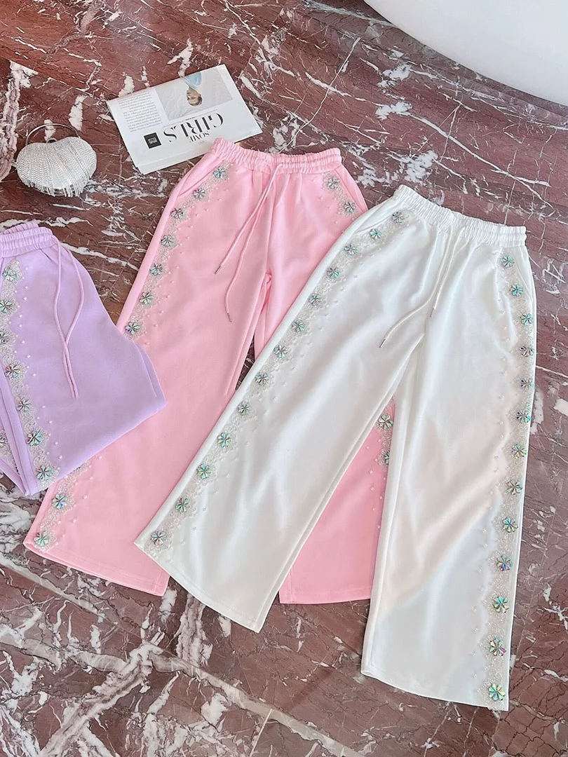 Rhinestone Beaded Heavy Flower Straight Casual Women High Waist Slim Sweet Pink Wide Leg Pants 2023 New Spring Sweatpants